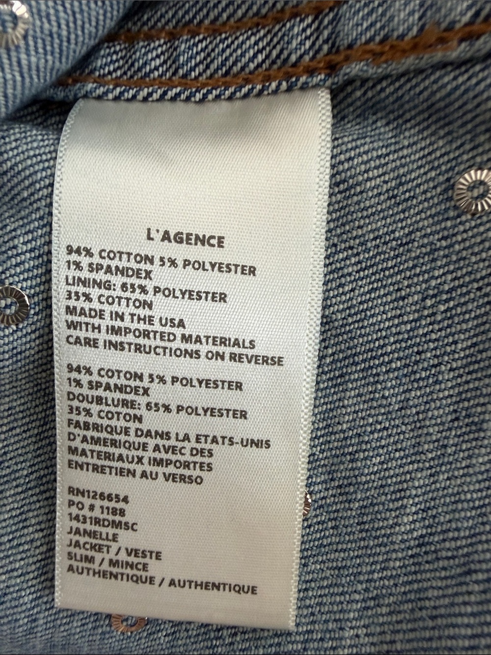 L'AGENCE Janel Blue Denim Jacket with Multicolor Stud Dots - Picture 6 of 6